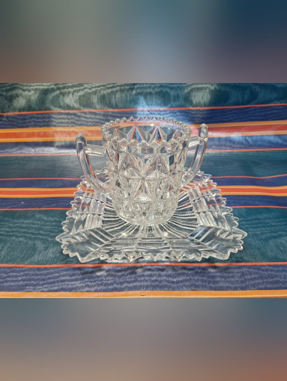 Vintage Clear Pressed Glass Sugar Bowl and Square Underplate Set